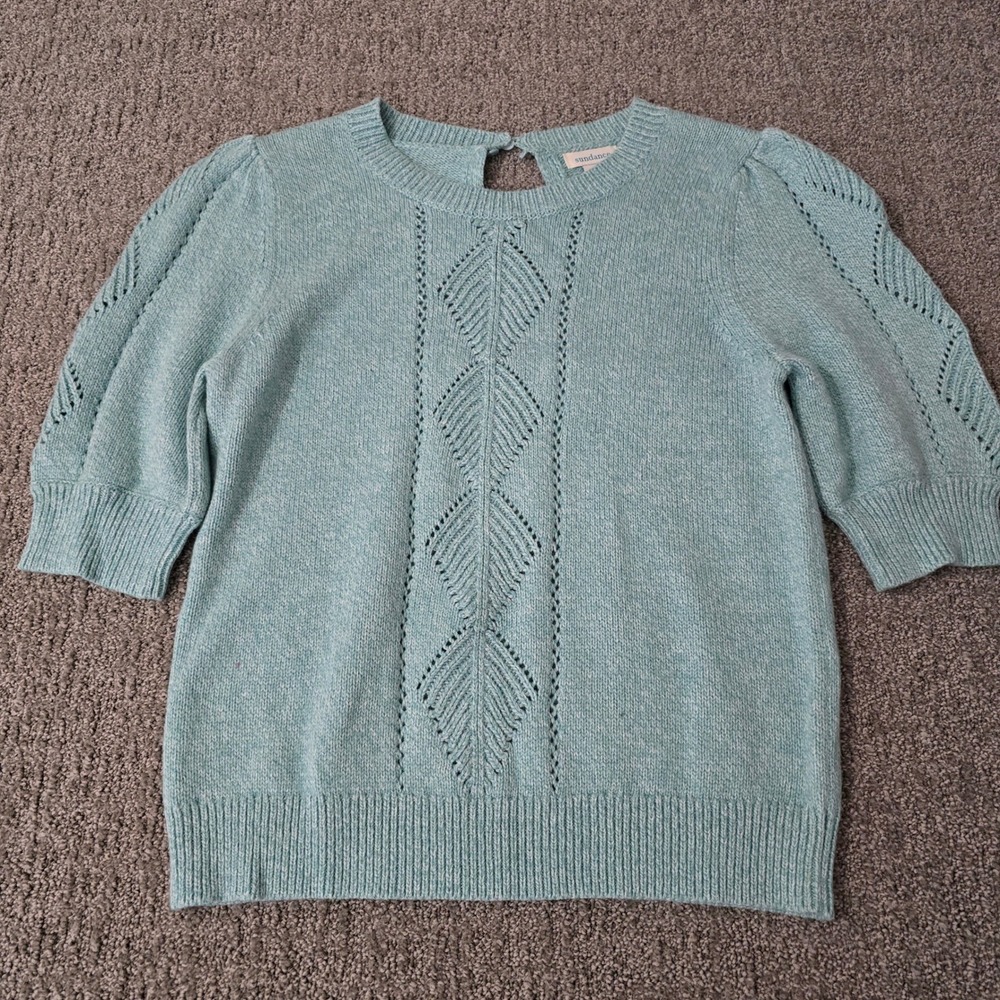 Sundance Sweater Womens M Pale Blue Leaf Knit Puff Sleeve Cottagecore